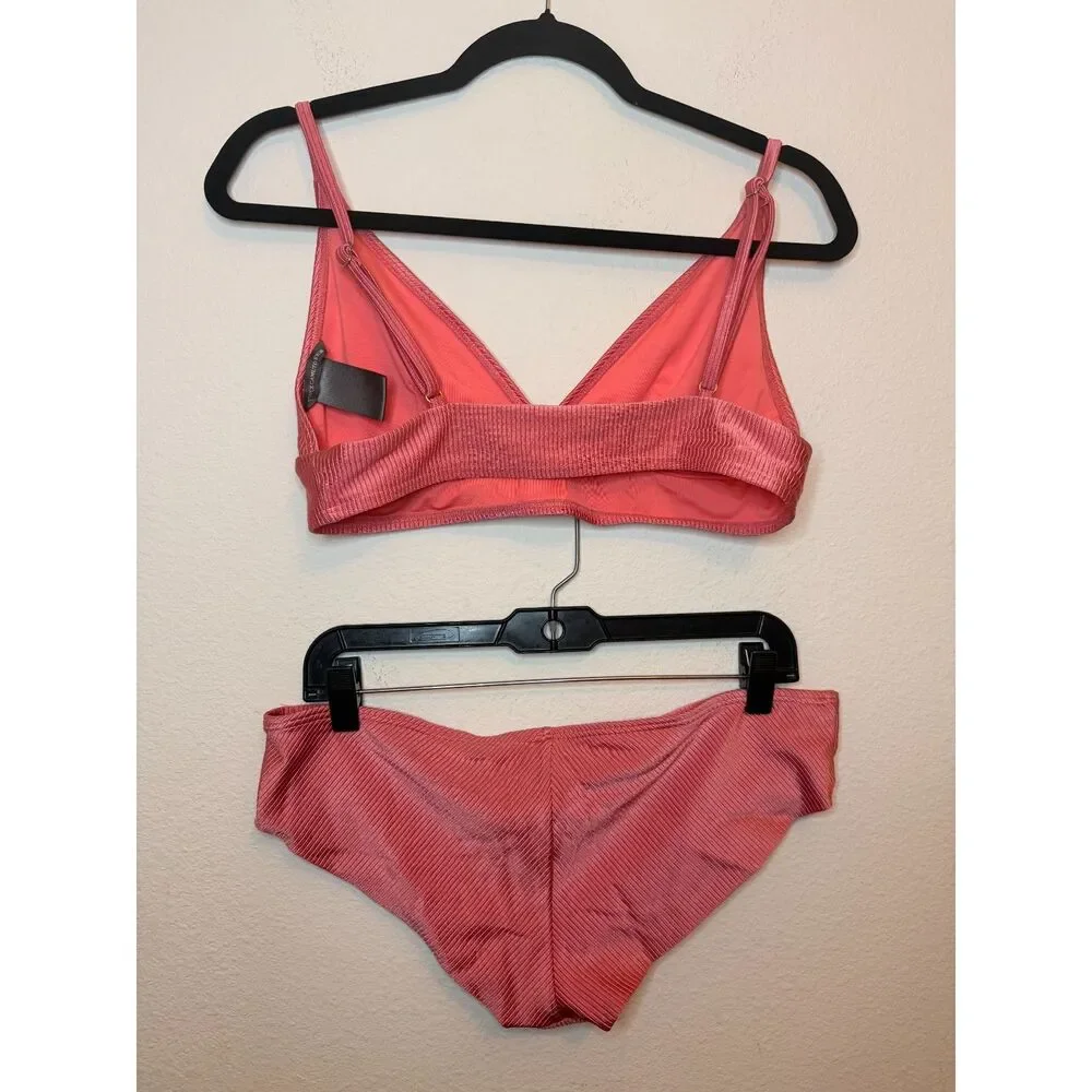 Vince Camuto Swim Coral Ribbed Bikini Set Triangle Top Cheeky Bottom L